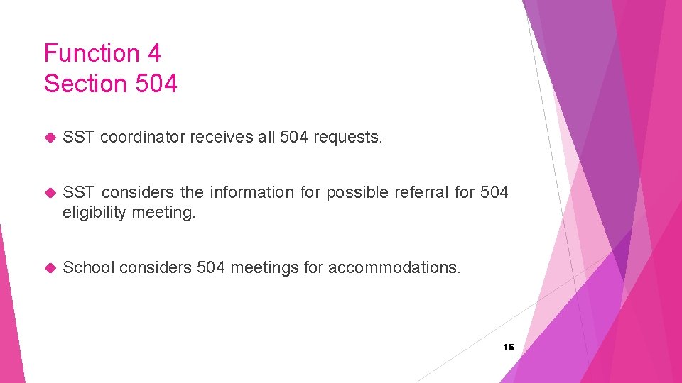 Function 4 Section 504 SST coordinator receives all 504 requests. SST considers the information