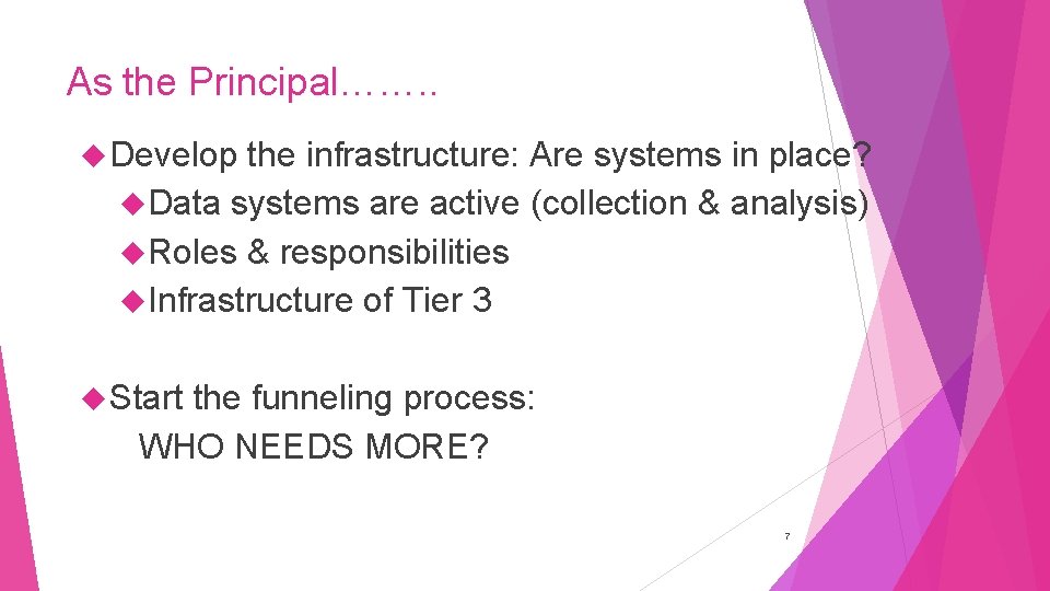 As the Principal……. . Develop the infrastructure: Are systems in place? Data systems are