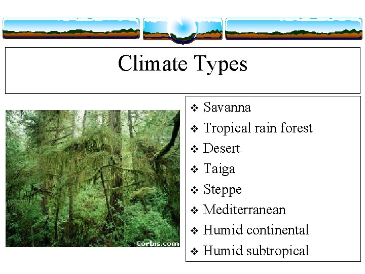 Climate Types Savanna v Tropical rain forest v Desert v Taiga v Steppe v