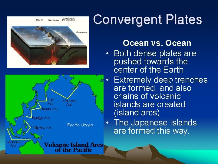 Convergent Plates Ocean vs. Ocean • Both dense plates are pushed towards the center Convergent Plates Ocean vs. Ocean • Both dense plates are pushed towards the center