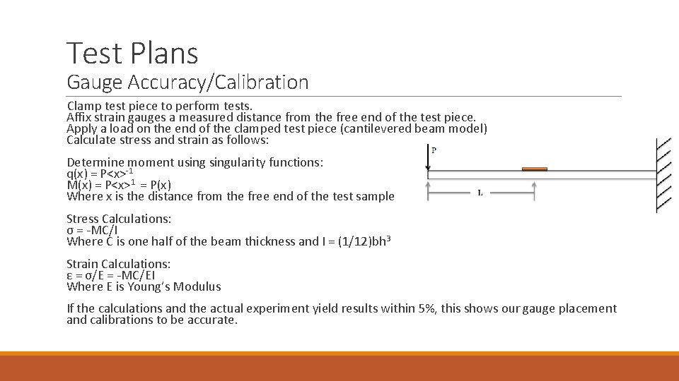 Test Plans Gauge Accuracy/Calibration Clamp test piece to perform tests. Affix strain gauges a