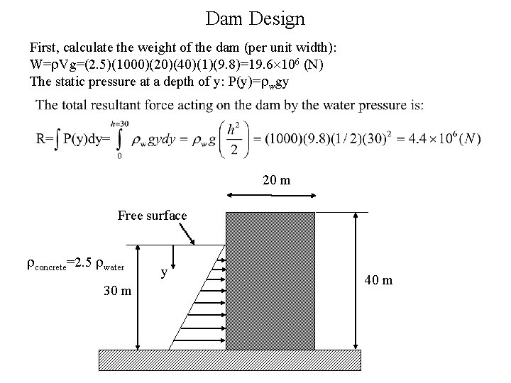 Dam Design First, calculate the weight of the dam (per unit width): W=r. Vg=(2.