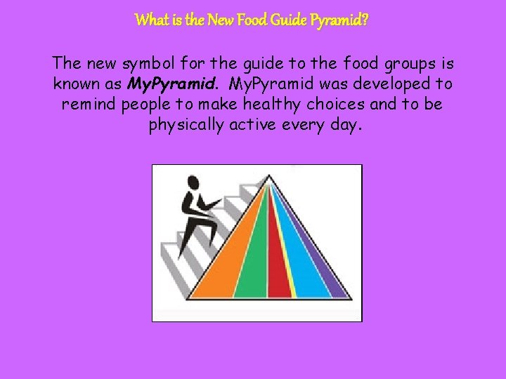 What is the New Food Guide Pyramid? The new symbol for the guide to