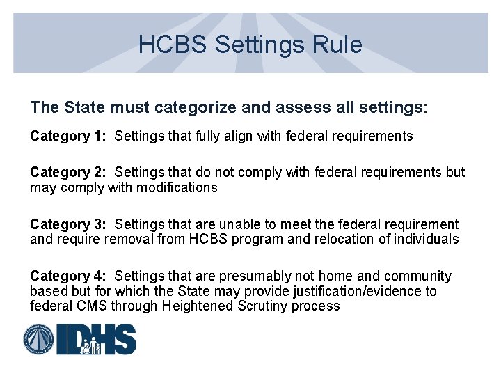 HCBS Settings Rule The State must categorize and assess all settings: Category 1: Settings