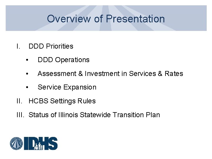 Overview of Presentation I. DDD Priorities • DDD Operations • Assessment & Investment in