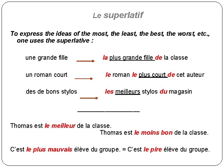 Le superlatif To express the ideas of the most, the least, the best, the