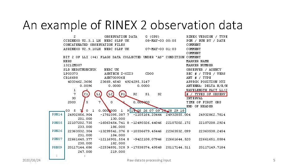 An example of RINEX 2 observation data 2 OBSERVATION DATA CCRINEXO V 2. 3.