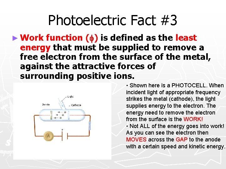 Photoelectric Fact #3 function (f) is defined as the least energy that must be