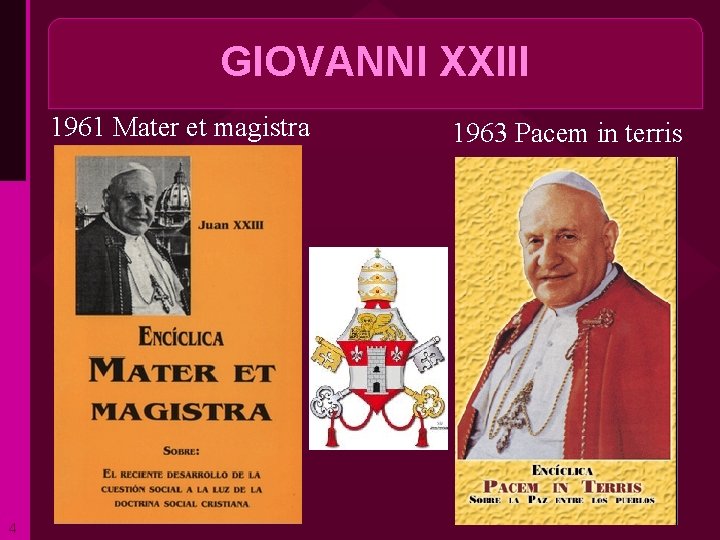 GIOVANNI XXIII 1961 Mater et magistra 4 1963 Pacem in terris ritardo 