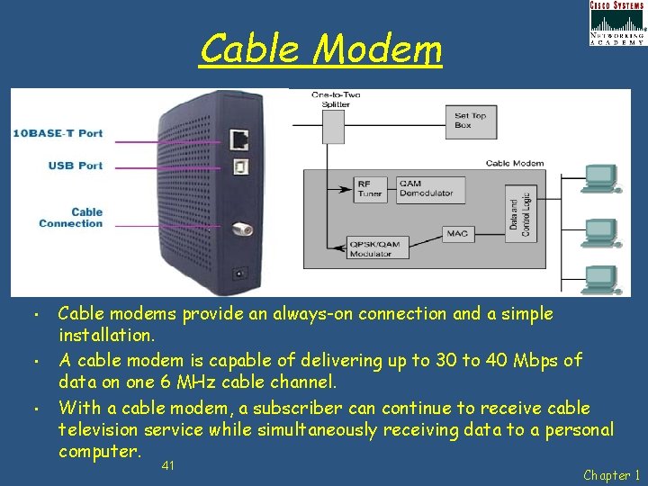 Cable Modem • • • Cable modems provide an always-on connection and a simple