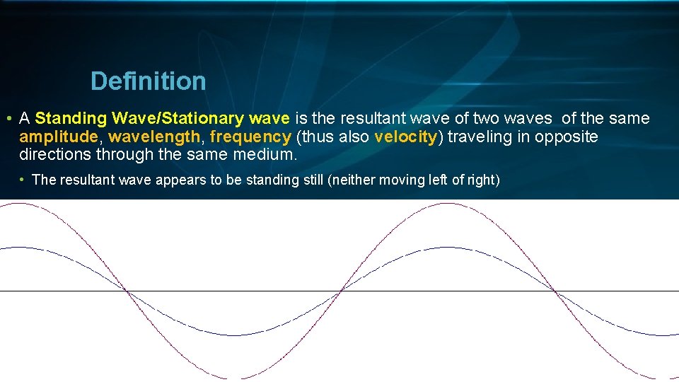 Definition • A Standing Wave/Stationary wave is the resultant wave of two waves of