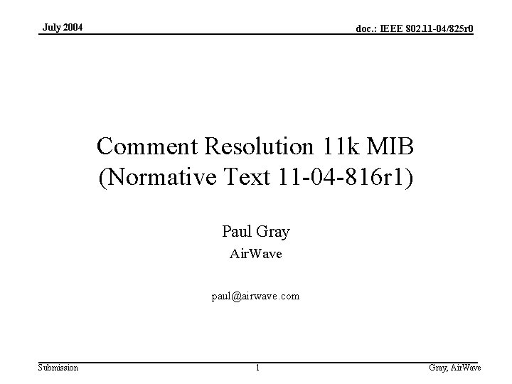 July 2004 doc. : IEEE 802. 11 -04/825 r 0 Comment Resolution 11 k