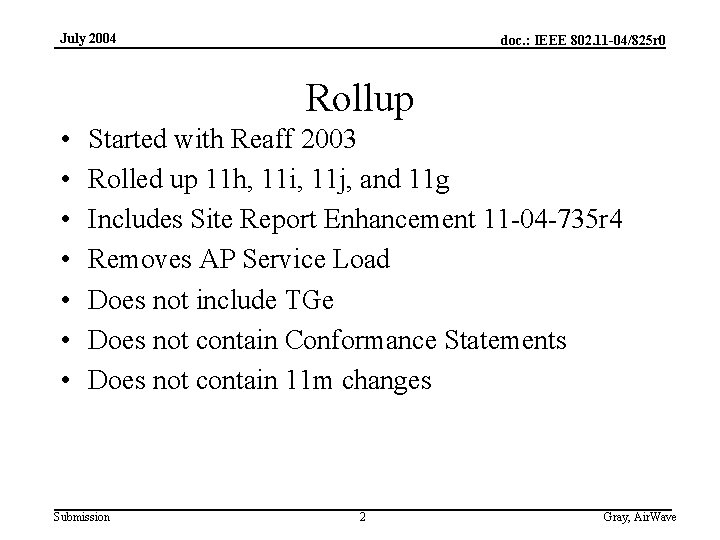 July 2004 doc. : IEEE 802. 11 -04/825 r 0 Rollup • • Started