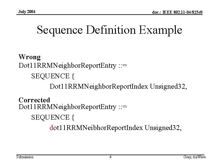 July 2004 doc. : IEEE 802. 11 -04/825 r 0 Sequence Definition Example Wrong
