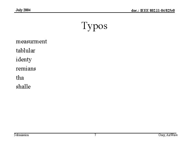 July 2004 doc. : IEEE 802. 11 -04/825 r 0 Typos measurment tablular identy