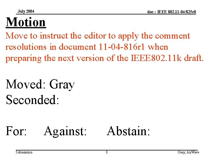 July 2004 doc. : IEEE 802. 11 -04/825 r 0 Motion Move to instruct