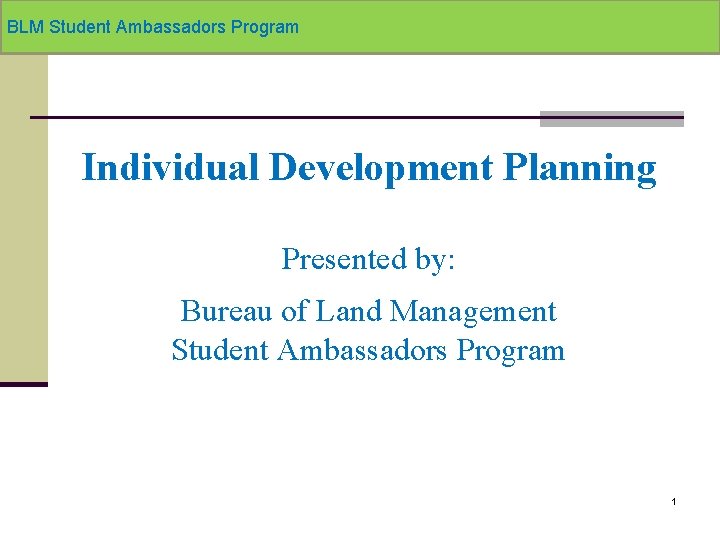 BLM Student Ambassadors Program Individual Development Planning Presented by: Bureau of Land Management Student