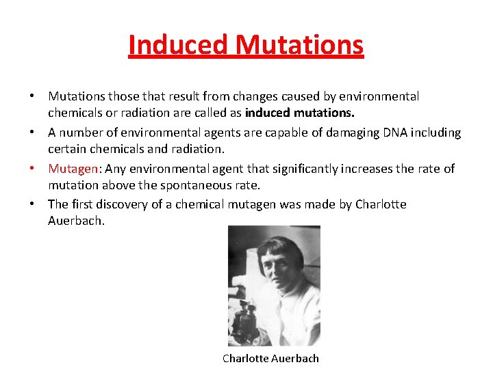 Induced Mutations • Mutations those that result from changes caused by environmental chemicals or