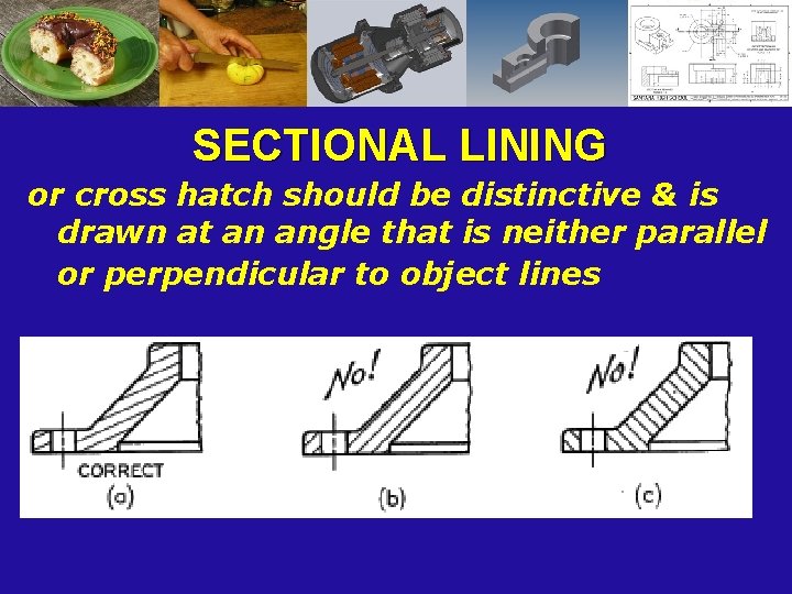 SECTIONAL LINING or cross hatch should be distinctive & is drawn at an angle