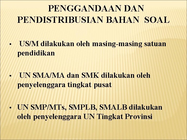 PENGGANDAAN DAN PENDISTRIBUSIAN BAHAN SOAL • US/M dilakukan oleh masing-masing satuan pendidikan • UN