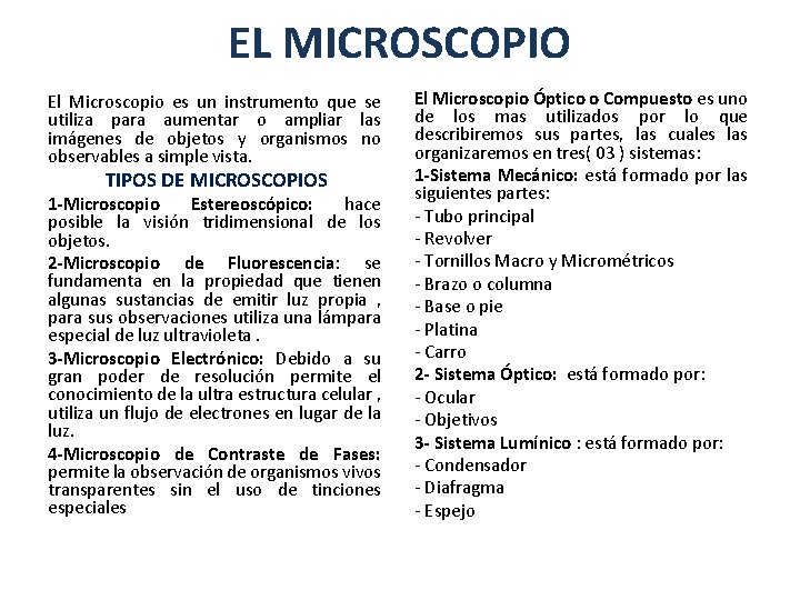 EL MICROSCOPIO El Microscopio es un instrumento que se utiliza para aumentar o ampliar