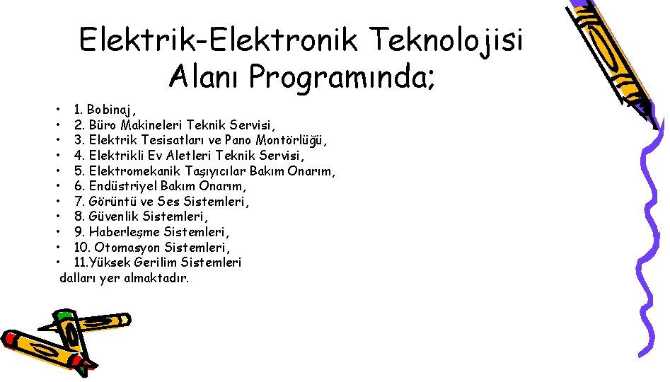 Elektrik-Elektronik Teknolojisi Alanı Programında; • 1. Bobinaj, • 2. Büro Makineleri Teknik Servisi, •