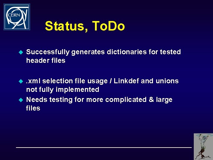 Status, To. Do u Successfully generates dictionaries for tested header files u . xml