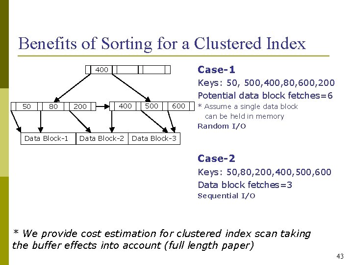 Benefits of Sorting for a Clustered Index Case-1 400 Keys: 50, 500, 400, 80,