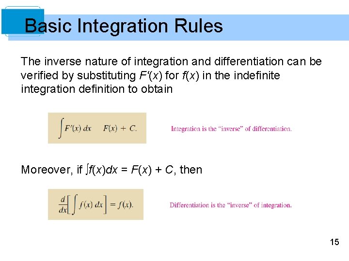 Basic Integration Rules The inverse nature of integration and differentiation can be verified by