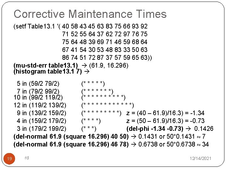 Corrective Maintenance Times (setf Table 13. 1 '( 40 58 43 45 63 83