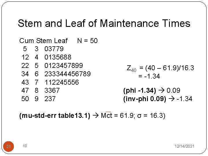 Stem and Leaf of Maintenance Times Cum Stem Leaf N = 50 5 3
