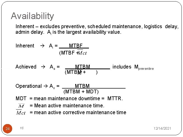 Availability Inherent – excludes preventive, scheduled maintenance, logistics delay, admin delay. Ai is the