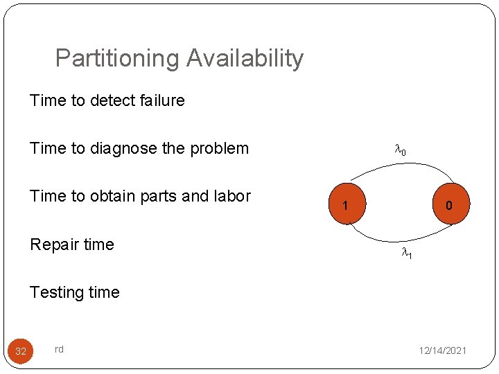 Partitioning Availability Time to detect failure Time to diagnose the problem Time to obtain