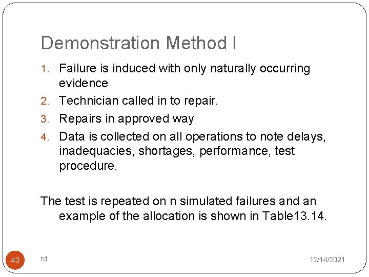Demonstration Method I 1. Failure is induced with only naturally occurring evidence 2. Technician
