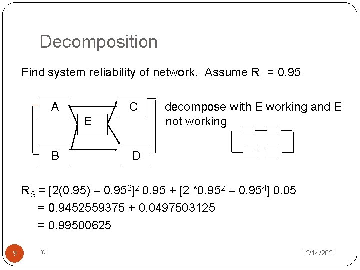 Decomposition Find system reliability of network. Assume Ri = 0. 95 A C E