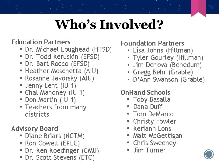 Who’s Involved? Education Partners • Dr. Michael Loughead (HTSD) • Dr. Todd Keruskin (EFSD)