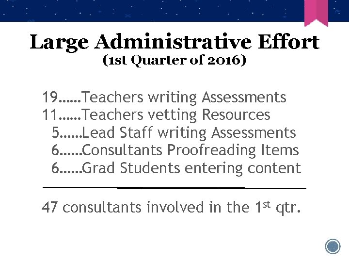 Large Administrative Effort (1 st Quarter of 2016) 19……Teachers writing Assessments 11……Teachers vetting Resources