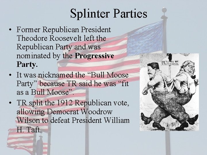 Splinter Parties • Former Republican President Theodore Roosevelt left the Republican Party and was