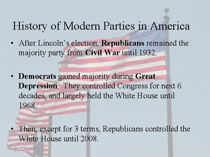 History of Modern Parties in America • After Lincoln’s election, Republicans remained the majority