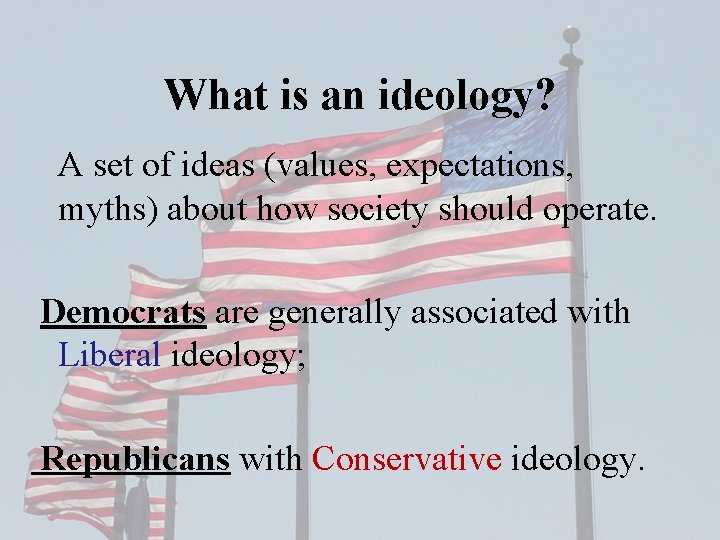 What is an ideology? A set of ideas (values, expectations, myths) about how society