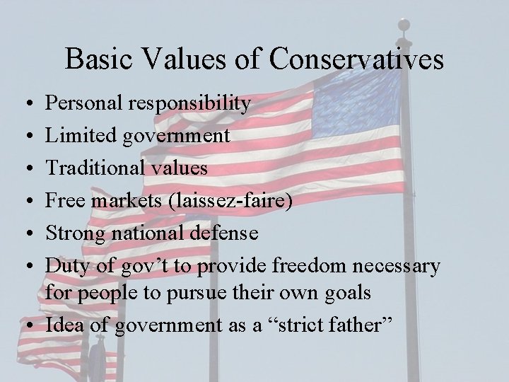 Basic Values of Conservatives • • • Personal responsibility Limited government Traditional values Free
