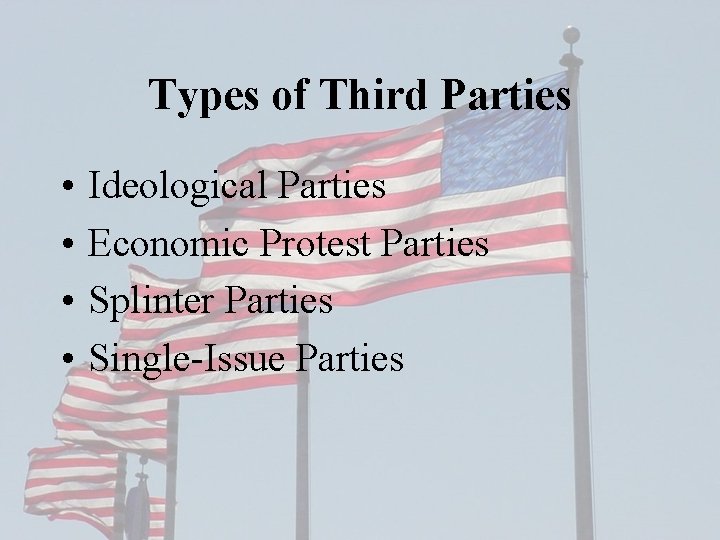 Types of Third Parties • • Ideological Parties Economic Protest Parties Splinter Parties Single-Issue