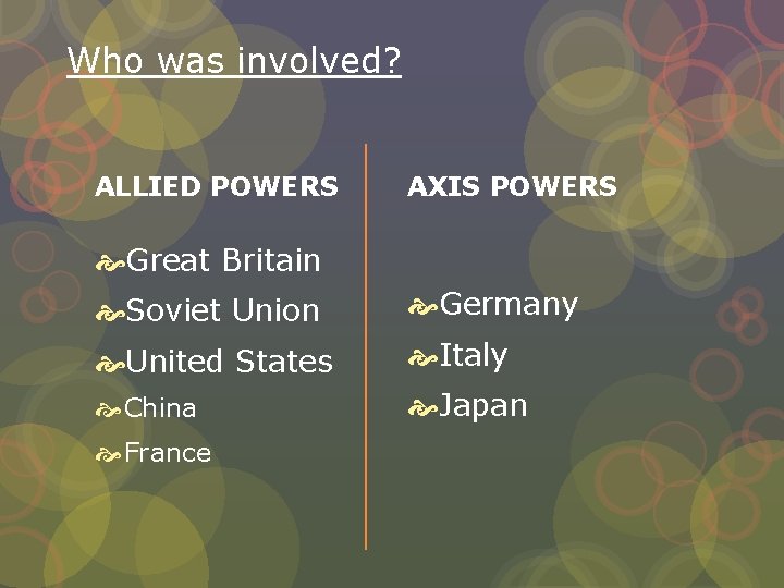 Who was involved? ALLIED POWERS AXIS POWERS Great Britain Soviet Union Germany United States
