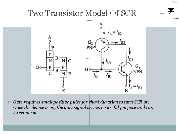 Two Transistor Model Of SCR 4 Gate requires small positive pulse for short duration