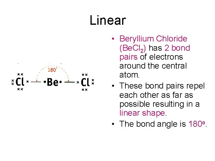Linear • Beryllium Chloride (Be. Cl 2) has 2 bond pairs of electrons around Linear • Beryllium Chloride (Be. Cl 2) has 2 bond pairs of electrons around