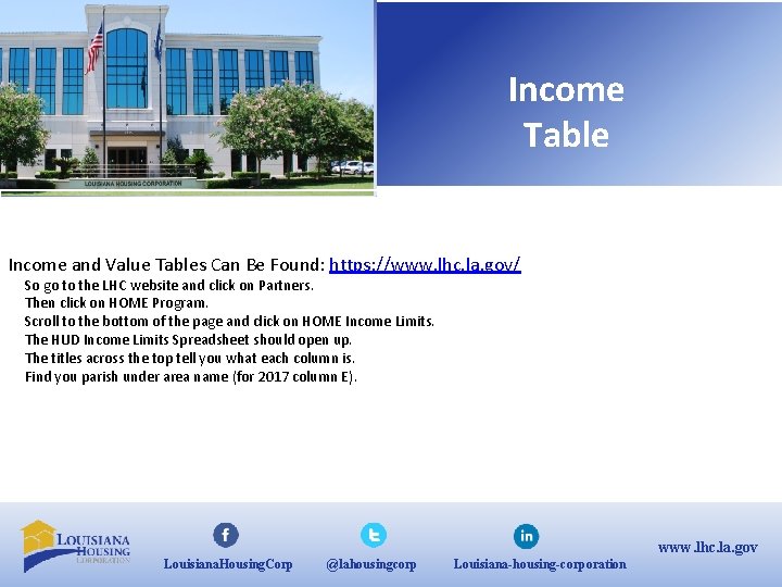 Income Table Income and Value Tables Can Be Found: https: //www. lhc. la. gov/