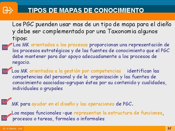 TIPOS DE MAPAS DE CONOCIMIENTO Los PGC puenden usar mas de un tipo de TIPOS DE MAPAS DE CONOCIMIENTO Los PGC puenden usar mas de un tipo de