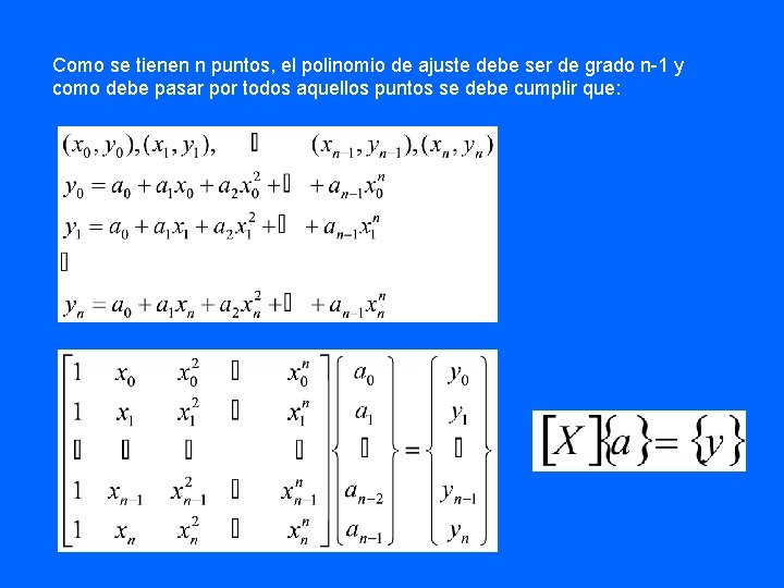 Como se tienen n puntos, el polinomio de ajuste debe ser de grado n-1