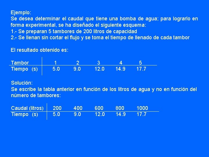 Ejemplo: Se desea determinar el caudal que tiene una bomba de agua; para lograrlo