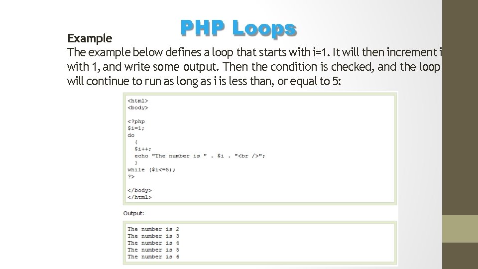 PHP Loops Example The example below defines a loop that starts with i=1. It